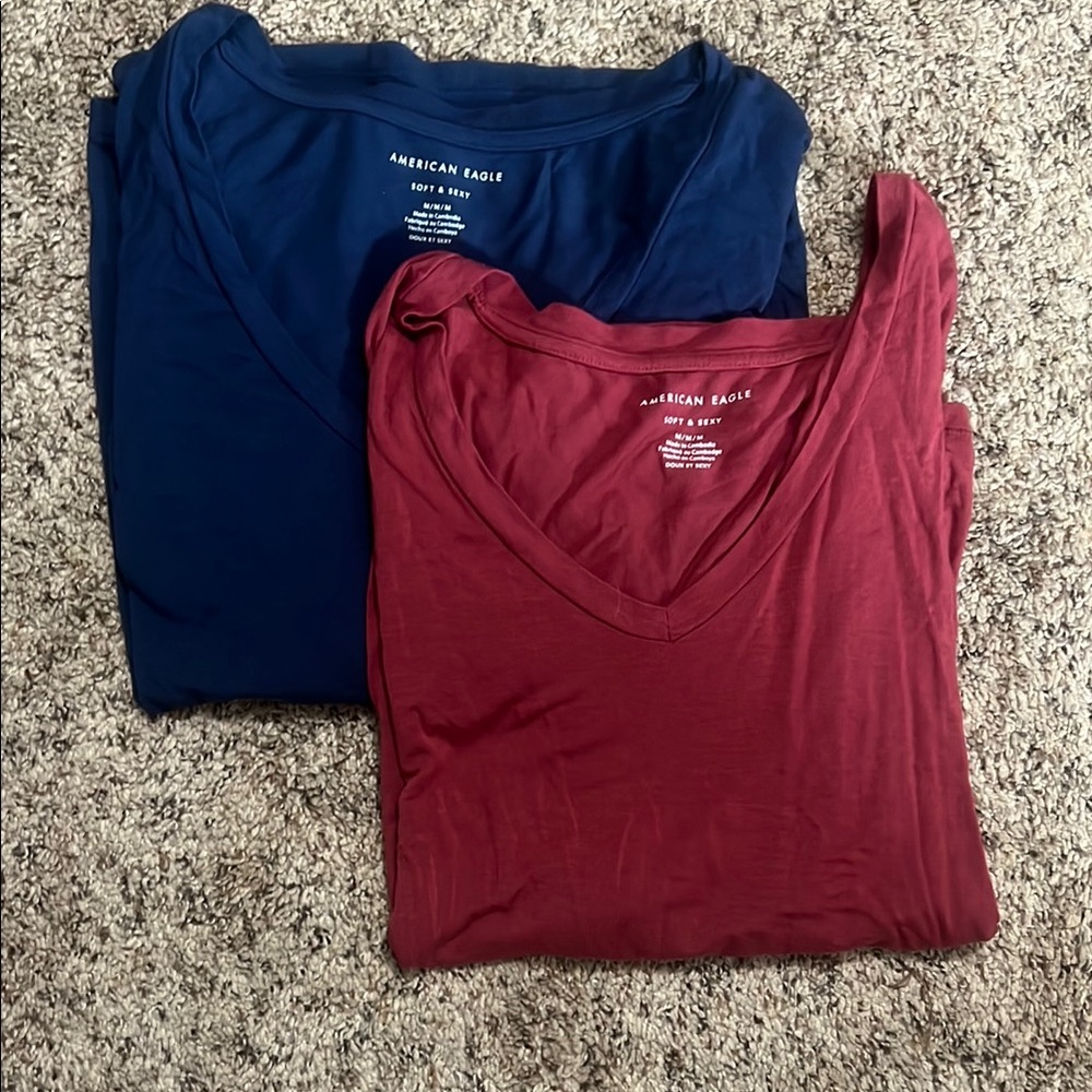 American Eagle Outfitters Women's V-Neck Tops - Red and Blue